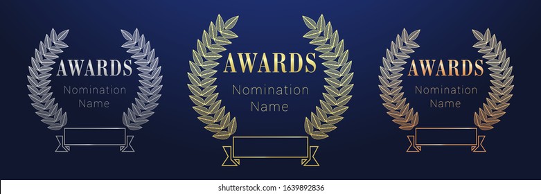 Awards logo set. Isolated abstract graphic design template. Elegant gold, silver and bronze collection with outlines elements. Luxurious gradient sign, framed congratulating emblem. Cup concept.