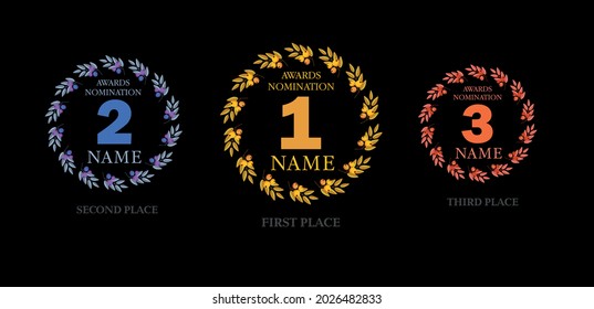 Awards logos set. Isolated abstract graphic design template. Nominated festive graceful banner, decorative vintage collection 1, 2, 3 places, wreath of leaves and berries. Vector illustration. - Shutterstock ID 2026482833