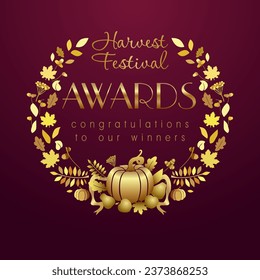 Awards logotype concept. Autumn award logo. Harvest festival prize creative design. Fall holiday reward. Medal element. Fruit market symbol. Isolated sign with golden pumpkins, acorns and leaves.