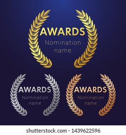 Awards logotype set. Isolated abstract graphic design template. Celebrating elegant nomination banner, decorative old tradition collection of #1 #2 #3 place, round shining symbols. Vector illustration