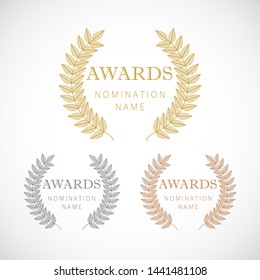 Awards logotype set. Isolated abstract graphic design template. Celebrating elegant nomination banner, decorative old tradition collection of #1 #2 #3 place, round shining symbols. Vector illustration