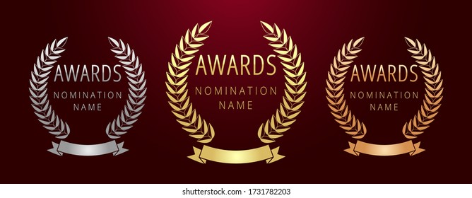 Awards logotype set. Isolated abstract graphic design template. First, second, third place symbol. Luxurious congratulate collection. Decorative congrats. Tradition greeting. Round palm. Cup elements.