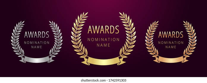 Awards logotype set. Isolated abstract graphic design template. First, second, third place symbol. Metal gradient shining collection. Decorative congrats. Tradition greeting. Round palm. Cup elements.