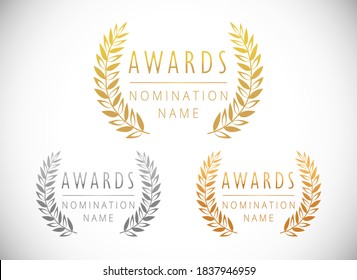 Awards logotype set. Isolated abstract graphic design template. First, second, third places symbols. Cup elements collection, white background. Decorative congrats. Tradition greetings. Round palms. 