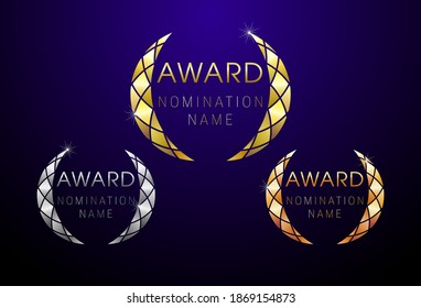 Awards logotype set. Isolated abstract graphic design template. First, second, third place symbols. Metal gradient shining collection. Decorative congrats. Tradition greeting. Round palm. Cup elements