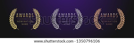 Awards logotype set. Isolated abstract graphic design template. Nominated celebrating elegant banner, decorative old tradition collection of 1 2 3 place, round shining symbols. Vector illustration.