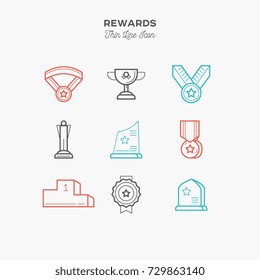 awards, medals, figurines and more, thin line color icons set, vector illustration