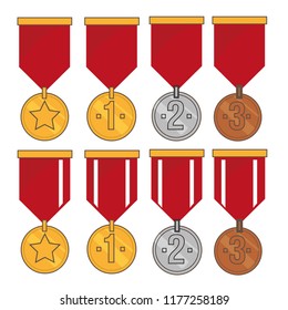 Awards medals icon set, first, second and third place, ribbons