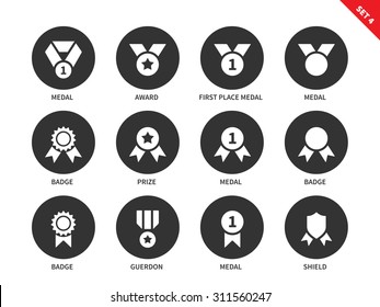 Awards and medals vector icons set of medals, prizes, badges, guerdon, shield and others insignia. Items for ceremonies. Isolated on white background