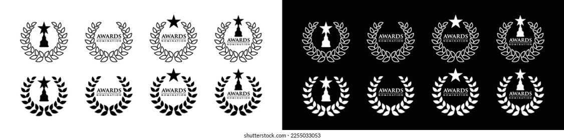 Colección de emblemas de nominación de premios en el diseño del logo del símbolo de la corona de laurel. Mejor trofeo de premio con correa, ilustración vectorial