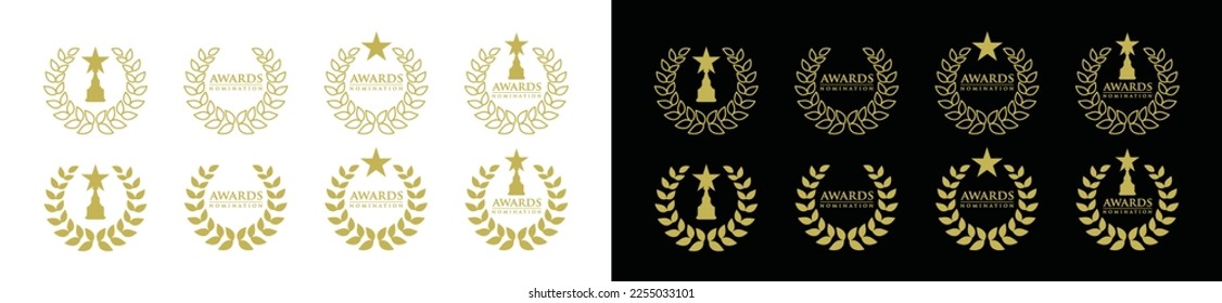 Awards nomination emblem collection in the laurel wreath symbol logo design. Best award trophy with golden wreath, vector illustration