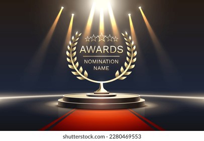 Awards nomination name podium, golden prize event, scene star ceremony. Vector illustration