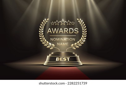 Awards nomination name podium, golden prize event, scene star ceremony. Vector illustration