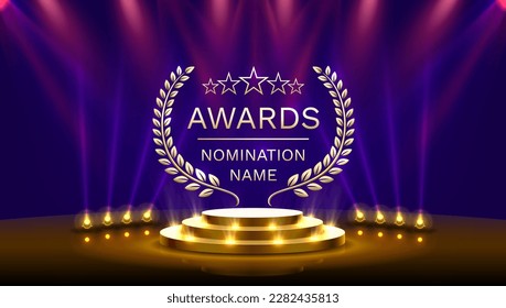 Awards nomination name podium, golden prize event, scene star ceremony. Vector illustration