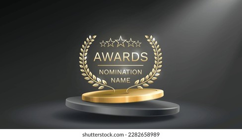 Awards nomination name podium, golden prize event, scene star ceremony. Vector illustration