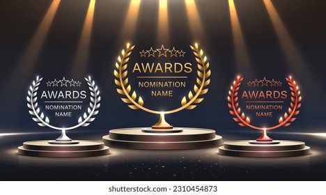 Awards nomination name podium, awards golden prize event, first place, second place, third place, scene star ceremony. Vector illustration