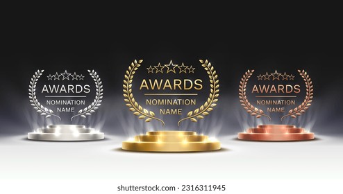 Premios nominación podium, premios de oro evento, primer lugar, segundo lugar, tercer lugar, ceremonia de la estrella de escena. Ilustración del vector