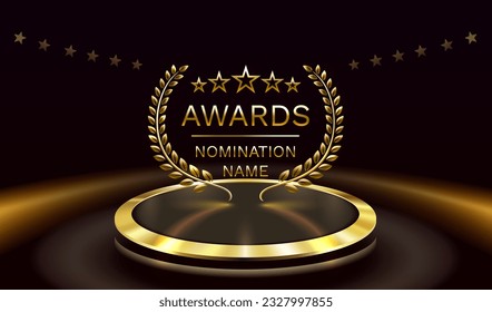 Awards nomination name podium, golden prize event, scene star ceremony. Vector illustration