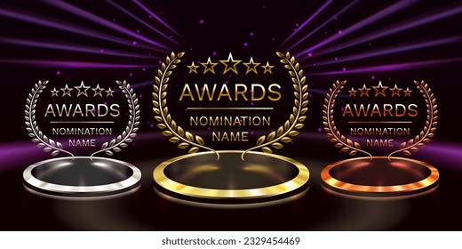 Awards nomination name podium, awards golden prize event, first place, second place, third place, scene star ceremony. Vector illustration