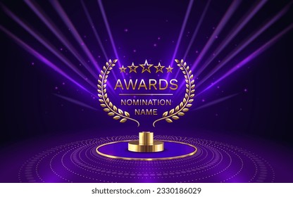 Awards nomination name podium, golden prize event, scene star ceremony. Vector illustration