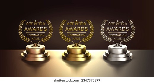 Awards nomination name podium, awards golden prize event, first place, second place, third place, scene star ceremony. Vector illustration