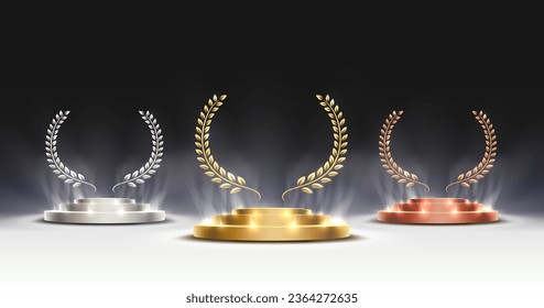 Awards nomination name podium, awards golden prize event, first place, second place, third place, scene star ceremony. Vector illustration