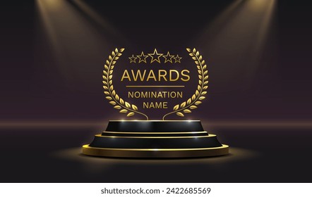 Awards nomination name podium, golden prize event, scene star ceremony. Vector illustration