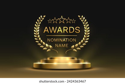 Awards nomination name podium, golden prize event, scene star ceremony. Vector illustration