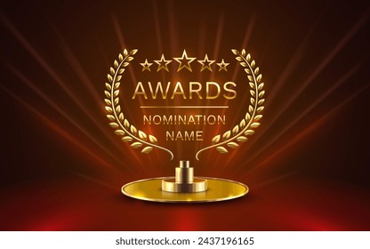 Awards nomination name podium, golden prize event, scene star ceremony. Vector illustration