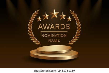 Awards nomination name podium, golden prize event, scene star ceremony. Vector illustration