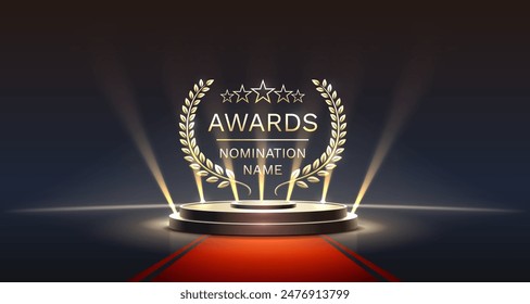 Awards nomination name podium, golden prize event, scene star ceremony. Vector illustration