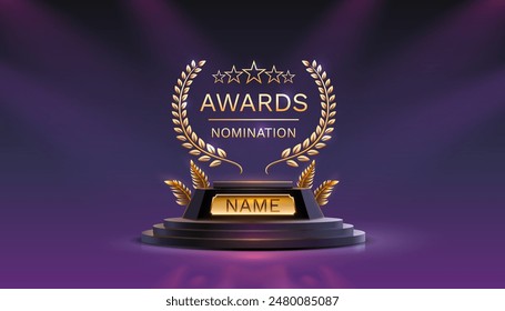 Awards nomination name podium, golden prize event, scene star ceremony. Vector illustration