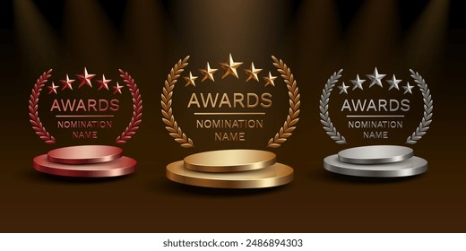 Awards nomination name podium, golden, silver, bronze prize event, scene star ceremony. Vector illustration