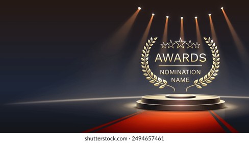 Awards nomination name podium, golden prize event, scene star ceremony. Vector illustration