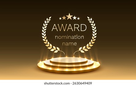 Awards nomination name podium, golden prize event, scene star ceremony. Vector illustration