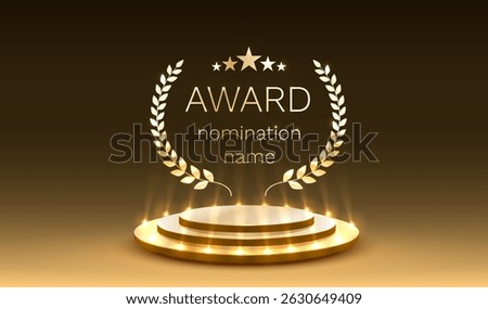 Awards nomination name podium, golden prize event, scene star ceremony. Vector illustration