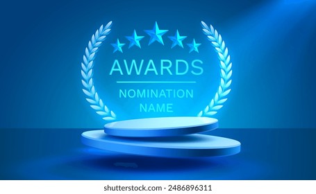 Awards nomination name podium, neon prize event, scene star ceremony. Vector illustration