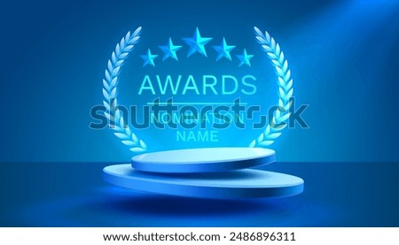 Awards nomination name podium, neon prize event, scene star ceremony. Vector illustration