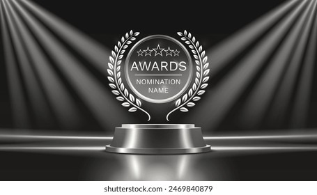 Awards nomination name podium, silver prize event, scene star ceremony. Vector illustration