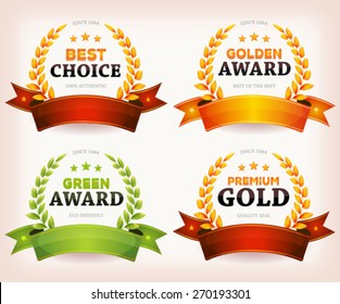 Awards Palms, Laurel Leaves With Banners /
Illustration of a set of vintage banners and ribbons with gold and green palm awards laurel wreath, for quality seal products, diploma, arts or certificates