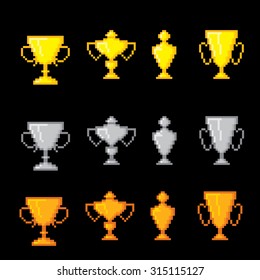 Awards pixel icons set. Old school computer graphic style.