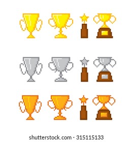 Awards pixel icons set. Old school computer graphic style.