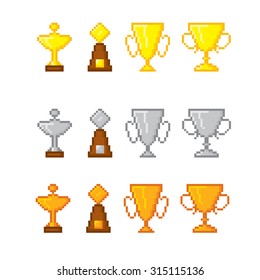 Awards pixel icons set. Old school computer graphic style.