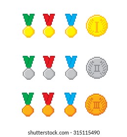 Awards pixel icons set. Old school computer graphic style.