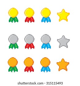 Awards pixel icons set. Old school computer graphic style.
