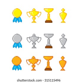 Awards pixel icons set. Old school computer graphic style.