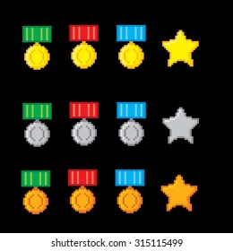 Awards pixel icons set. Old school computer graphic style.