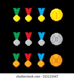 Awards pixel icons set. Old school computer graphic style.