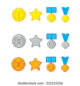 Awards pixel icons set. Old school computer graphic style.