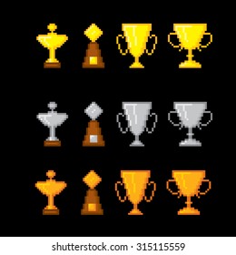 Awards pixel icons set. Old school computer graphic style.